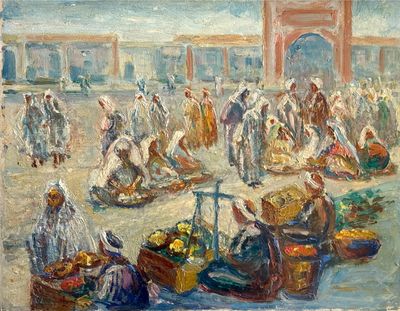 une peinture à l'huile représentant un groupe de personnes se promenant dans un marché