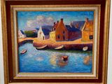painting of a harbor scene with boats on the water