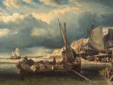 a painting of a boat on the water with people on it