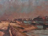 painting of a painting of a beach scene with boats in the water