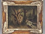 an old picture of a painting of a man in a wooded area