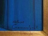 an image of a painting of a blue curtain with writing on it