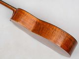 the back of an acoustic guitar with a long neck and a wooden stick