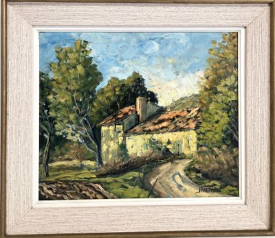 une peinture à l'huile représentant une maison sur une colline, avec un chemin de terre devant