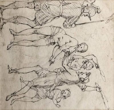 dessin représentant un groupe de personnes avec un chien et un chat