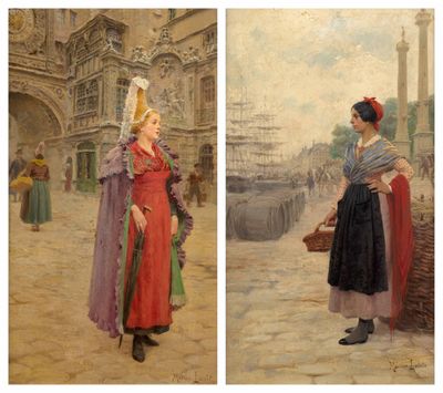 deux tableaux représentant une femme en robe rouge et une femme en robe bleue