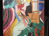 un tableau représentant une femme à cheval accompagnée d'un chien