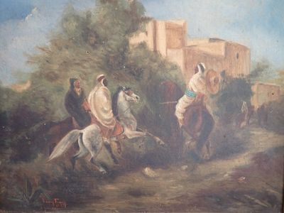 un tableau représentant un homme à cheval, avec un groupe de personnes à bord