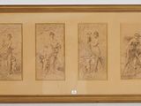 three framed drawings of a man and a woman and a dog