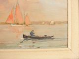 a painting of a man in a boat on the water
