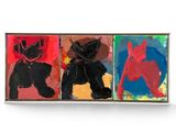 three paintings of a black cat, a red dog, and a black cat