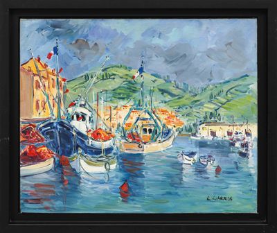 a painting of boats in a harbor with mountains in the background