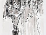 an ink drawing of a woman and a man standing next to each other