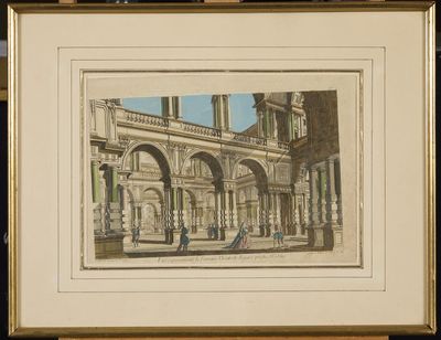 an old picture of a building with a fountain in front of it
