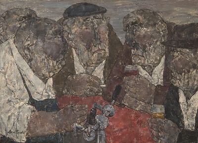 une peinture représentant un groupe de personnes assises sur un banc