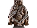 statue d'un homme aux cheveux longs et vêtu d'une cape, sur fond blanc