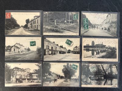 several black and white photographs of old buildings and street signs