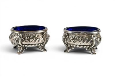paire de bols sur pied en verre argenté et bleu cobalt
