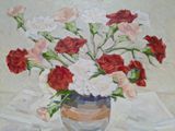 painting of red and white carnations in a vase on a table
