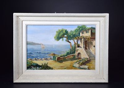 une peinture à l'huile représentant une maison sur la plage avec un voilier dans l'eau
