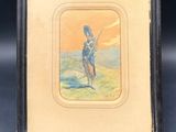 an old picture of a man holding a fishing rod on a wooden stand