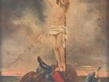 painting of a man on a cross on a horse with a man laying on the ground