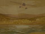 a painting of a plane flying over a body of water