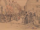 dessin représentant une scène de rue avec des personnages et une calèche