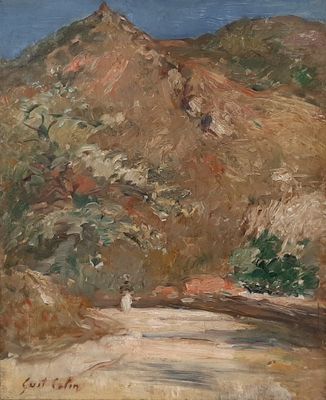 an image of a painting of a dirt road in the mountains