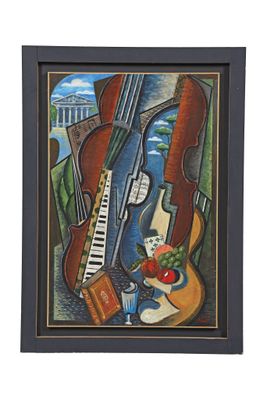painting of a violin, a guitar, a piano, and an apple on a table