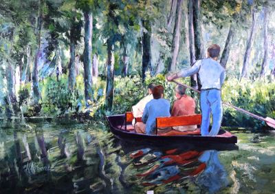 tableau représentant deux hommes dans une barque sur une rivière, entourés d'arbres