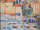 painting of boats in a harbor with a church in the background