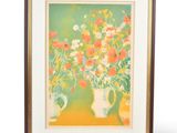 painting of a vase of flowers on a table with a vase of oranges and daisies