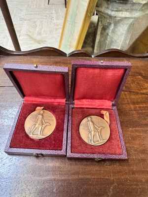 two gold medals in a red velvet case on a wooden table