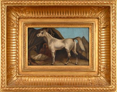 tableau représentant un cheval blanc debout devant une tente
