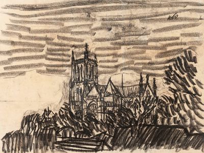 drawing of a drawing of a city with a church in the background