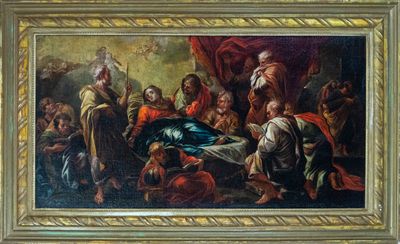 an oil painting of a man laying on a bed with other people around him