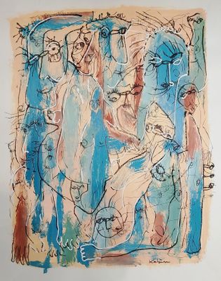 an image of a painting of a group of people on a blue background