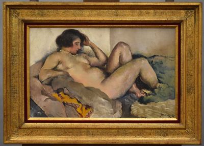 an image of a painting of a naked woman laying on a bed