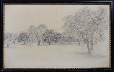 dessin représentant un parc avec des arbres et un bâtiment en arrière-plan