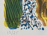 painting of a woman in a blue and white dress standing in front of a table
