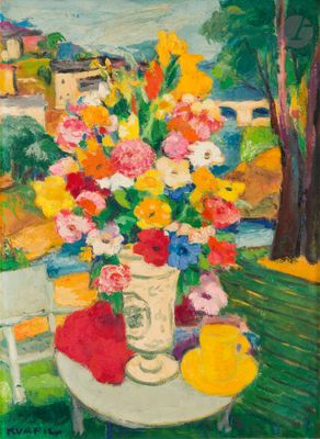 painting of a table with a vase of flowers and fruit on it