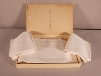 a box that has three napkins and a book in it
