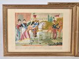 two framed pictures of a couple of people riding on horses