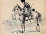 dessin représentant un homme en uniforme à cheval, avec d'autres hommes en arrière-plan