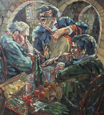 tableau représentant un groupe d'hommes assis autour d'une table en train de boire du vin