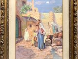 painting of a woman and child in a village with a donkey