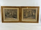 paire de gravures anciennes représentant un homme et une femme dans les bois