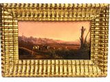 an image of a painting of horses in a field with a mountain in the background