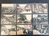 several old black and white photos of people and animals in a town